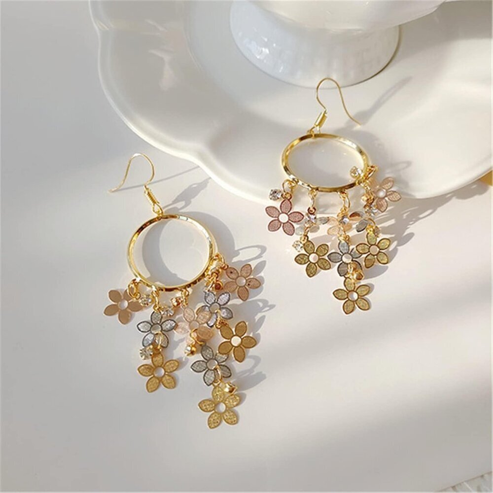 Women's Bohemian Long Colorful Chandelier Tassel Flower Dangle Drop Hoop Earring - Picture 4 of 9